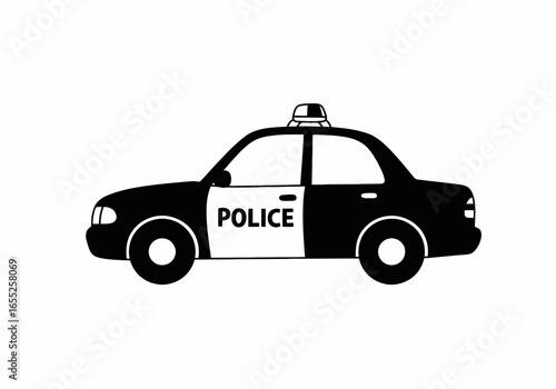 A classic black and white police cruiser with flashing red and blue lights on top indicating law enforcement activity and service to the community