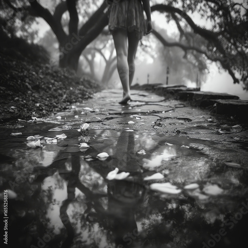 Barefoot Walk on Rainy Stone Path