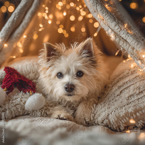 Cozy Dog in Blanket Fort with Christmas Cheer