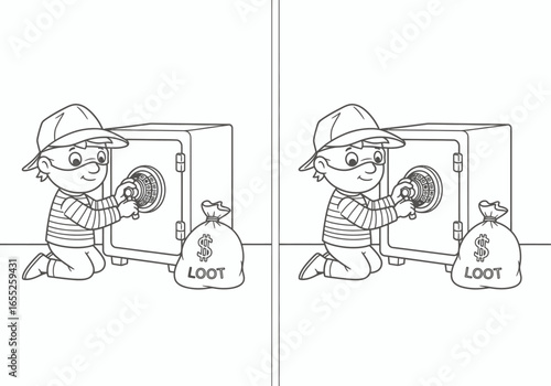 Observant child successfully identifies the subtle differences between two nearly identical illustrations of a burglar attempting to crack a safe and gather loot
