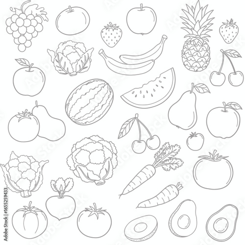 A Delicious Collection of Fresh Fruits and Vegetables Hand Drawn Sketch Art