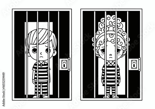 Sad Boy and Girl in Jail Cells Wearing Striped Prison Uniforms Looking Distressed with Locked Doors and Bars