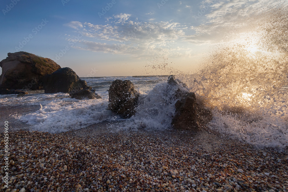 Fototapeta premium Waves beat on stones on the seashore