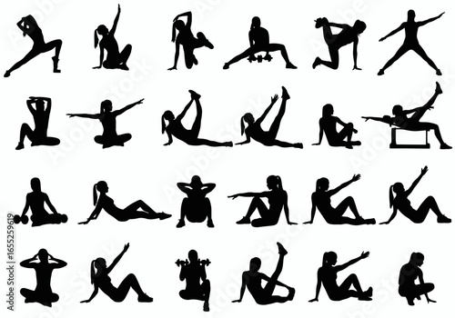 Diverse Group of Silhouettes Demonstrating a Wide Range of Physical Exercises and Stretches for Fitness and Wellness