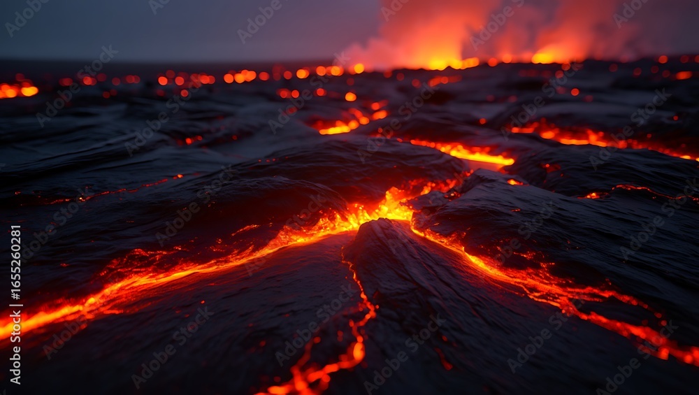 Obraz premium Fiery Lava Flowing Across a Dark Landscape Under a Smoky Sky