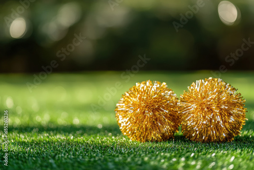 Golden cheer pom-poms on sunlit green grass field