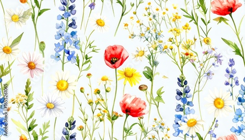 A vibrant watercolor floral pattern showcases a medley of wildflowers, including poppies, daisies, and various blossoms, set against a light background.