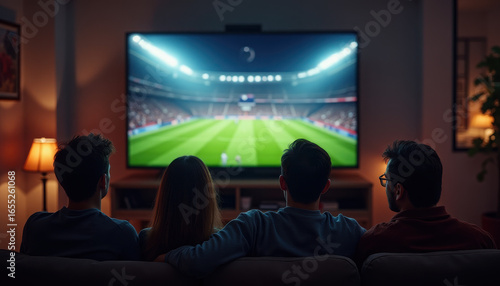 Friends Enjoying a Soccer Match at Home, Relaxed Atmosphere with a Large TV Displaying a Stadium Scene