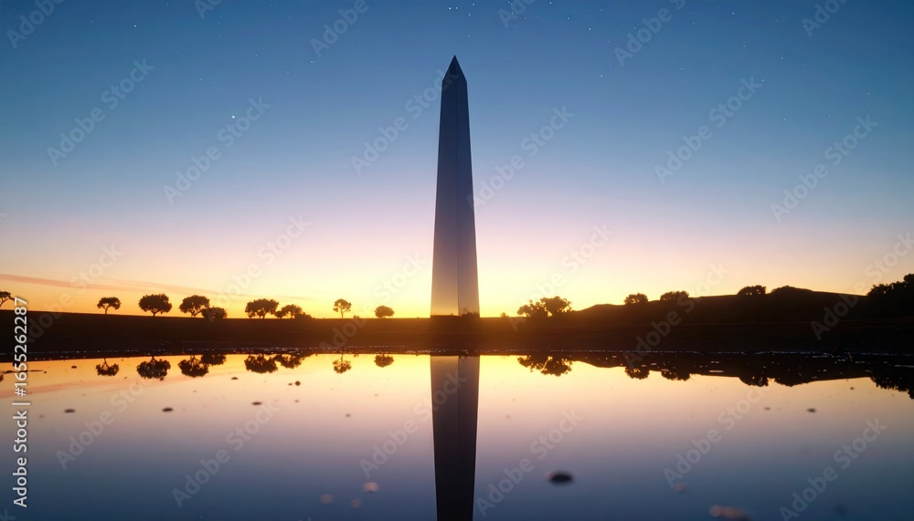 Obraz premium Washington Monument Reflecting in Water at Sunrise with Silhouette.