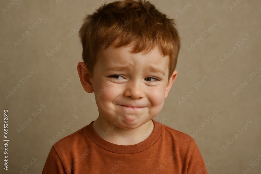 Naklejka premium Portrait featuring a smirking young boy with vibrant red hair, playfully hiding a secret while expressing a mix of guilt and innocence