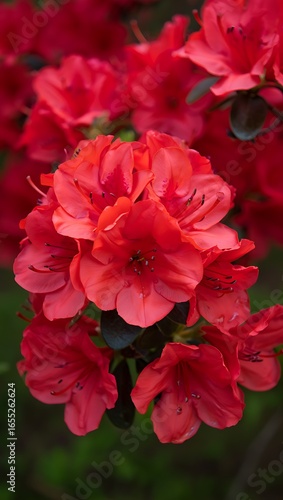 Vibrant Red Azalea Blossoms in Lush Green Garden Setting