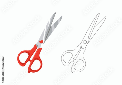 A detailed illustration of a pair of red handled scissors presented alongside a sketched outline of the same cutting tool demonstrating their distinct visual characteristics