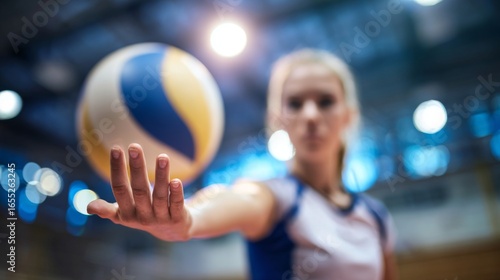 Close-up of volleyball player tossing the ball for a serve, hand and ball in sharp focus, blurred gym background