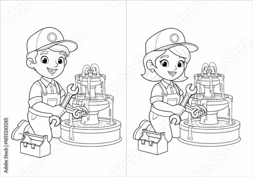 Two Friendly Mechanics Working Together on a Gear Mechanism with Tools and Toolboxes Ready for Repairs and Maintenance Tasks Detailed Line Art for Coloring Activities
