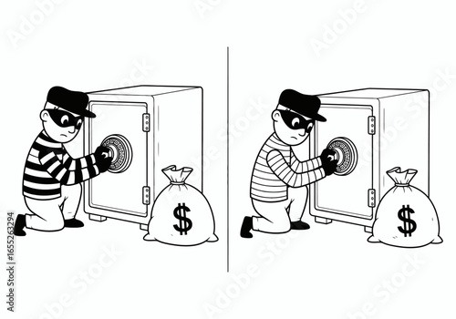 Spot the difference between two images of a thief attempting to crack a safe with money bags nearby