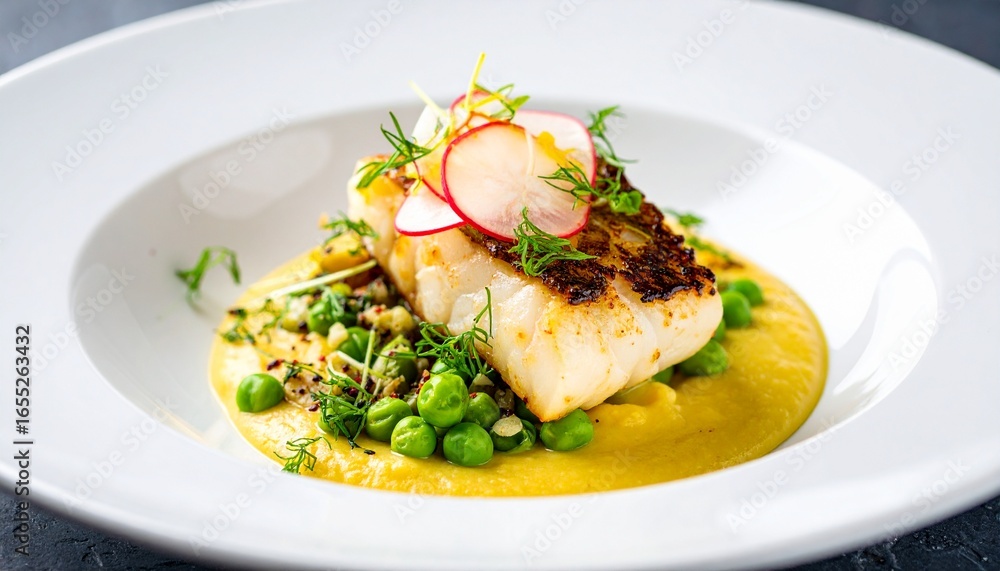Smoked Cod with Pea Puree and Pickled Radish. Scandinavian Fine Dining Smoked Cod with Pea Puree and Pickled Radish. Scandinavian Fine Dining