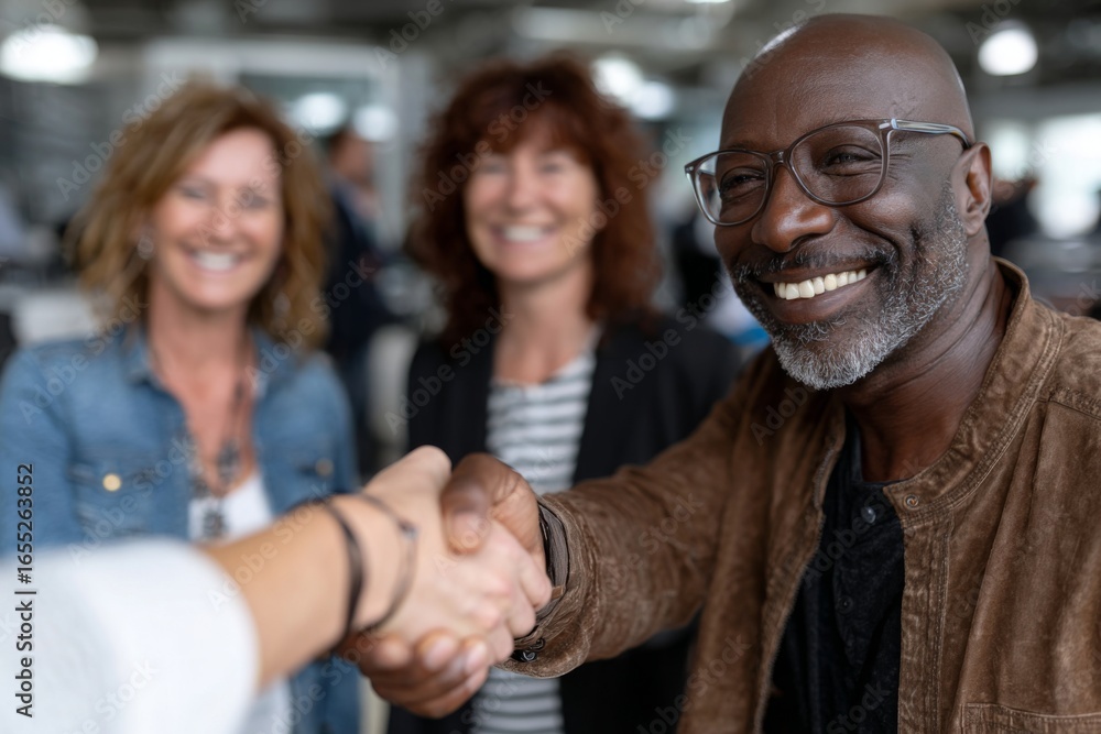Fototapeta premium A joyful group of professionals smiles while one person shakes hands with another, illustrating a moment of connection at a networking event Generative AI