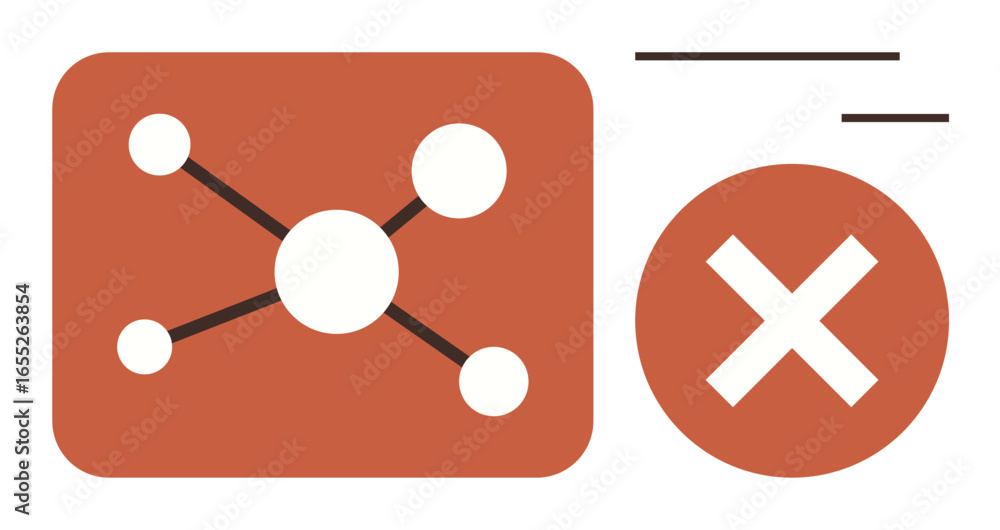 Fototapeta premium Node network diagram with connecting lines and dots beside a large cancel mark. Ideal for error, failure, cancellation, warning, technology, connectivity, simple flat metaphor