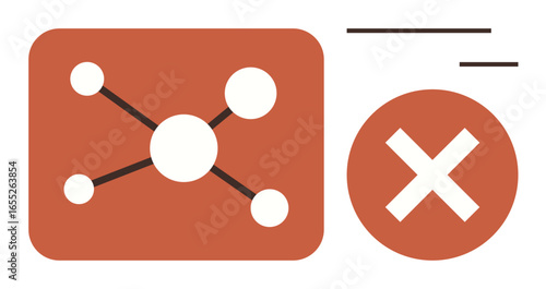 Node network diagram with connecting lines and dots beside a large cancel mark. Ideal for error, failure, cancellation, warning, technology, connectivity, simple flat metaphor