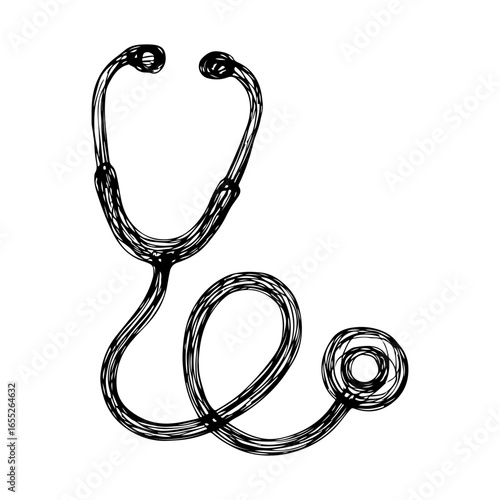 Abstract sketch of a stethoscope, symbolizing healthcare and medical examination. Hand-drawn representation of medical equipment.