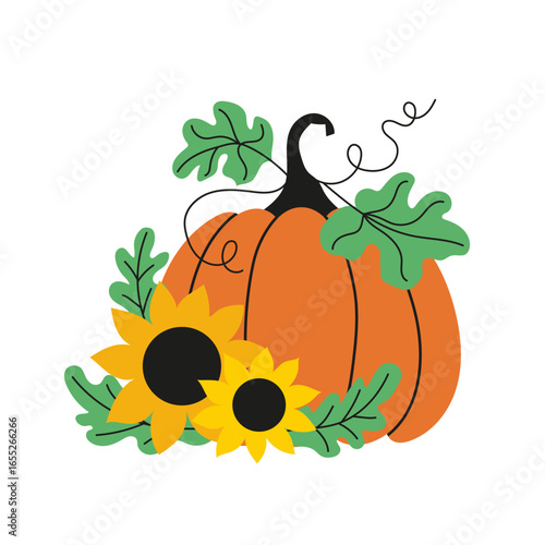 Autumn Pumpkin with Sunflowers Illustration