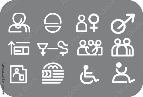 Diverse human and societal icons representing people gender finance groups and accessibility on a gray background