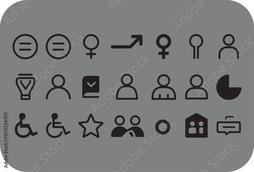 Collection of diverse universal icons representing gender equality accessibility family and community symbolizing inclusivity and social progress