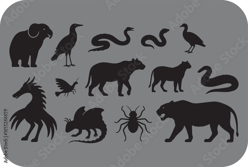 Diverse collection of animal silhouettes showcasing a variety of creatures from mammals to insects and birds in a stylized artistic representation
