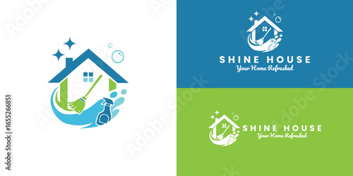The logo features a modern house design, complemented by a broom and a spray bottle, set against dynamic waves and bubbles. This design symbolizes an efficient residential cleaning service.