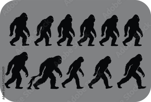 Bigfoot evolution silhouettes depicting a progression of movement and stance in a stylized black and white illustration