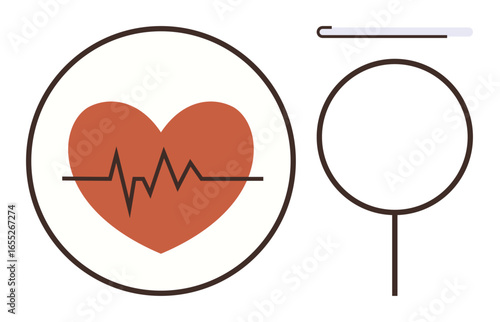 Red heart with EKG line inside a circle, accompanied by a magnifying glass. Ideal for health care, cardiology, diagnostics, wellness, medical research, telemedicine and awareness. Simple flat