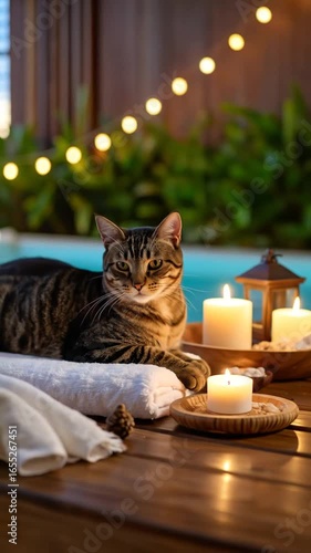 Relaxing outdoor spa scene with a cat