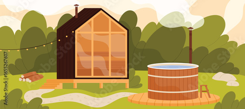 Cozy wooden bathhouse and steaming hot tub in nature, perfect for relaxation, wellness, spa retreats, and outdoor leisure activities, surrounded by green forest vector illustration
