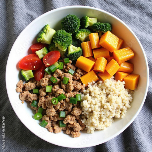 Healthy Bowl with Ground Turkey, Broccoli, Tomatoes, and Couscous in a Brightly Colored Dish