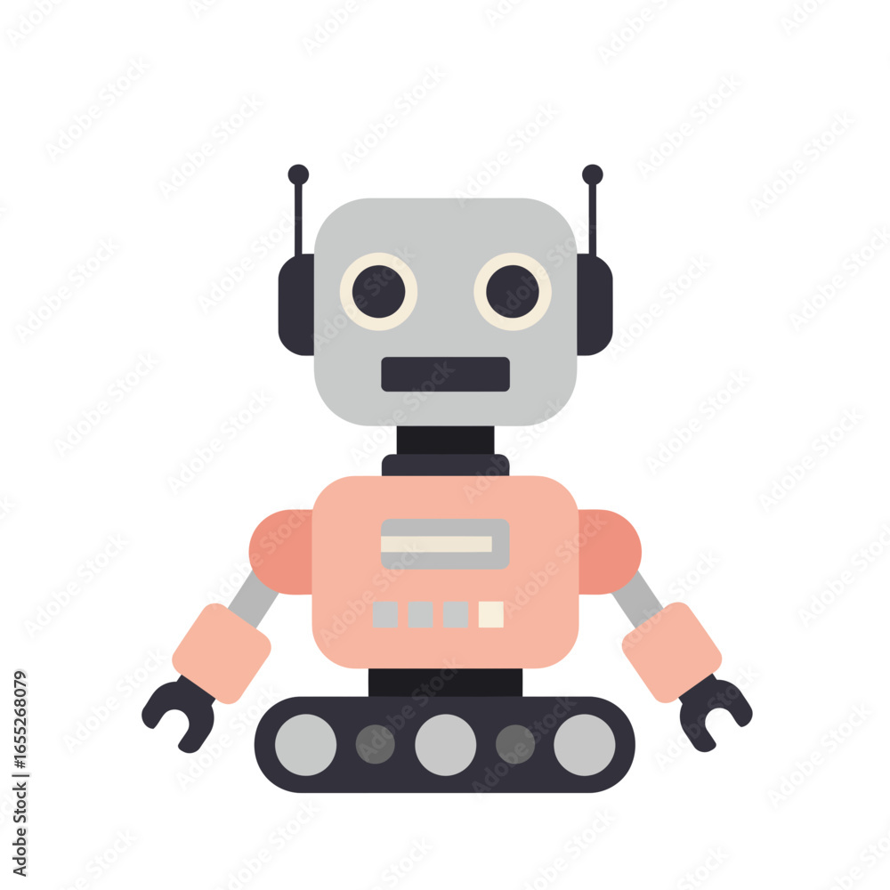 Fototapeta premium Vector illustration of a cute, friendly toy robot with antennae and tracks on an isolated background