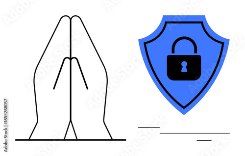 Two hands joined in a gesture near a shield with lock, conveying security, privacy, faith, trust. Ideal for safety, cybersecurity, agreement protection support and ethics. Simple flat metaphor