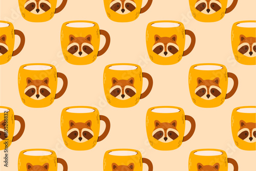 Seamless pattern with raccoon mugs on light beige background