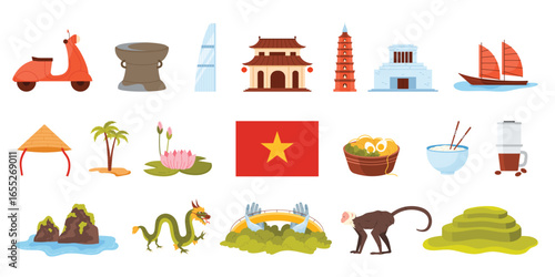 Travel to Vietnam, Vietnamese culture design elements, cuisine and landmarks set. Historic temple of Hue, Ho Chi Minh Mausoleum, Notre Dame Cathedral Saigon, Golden Bridge cartoon vector illustration