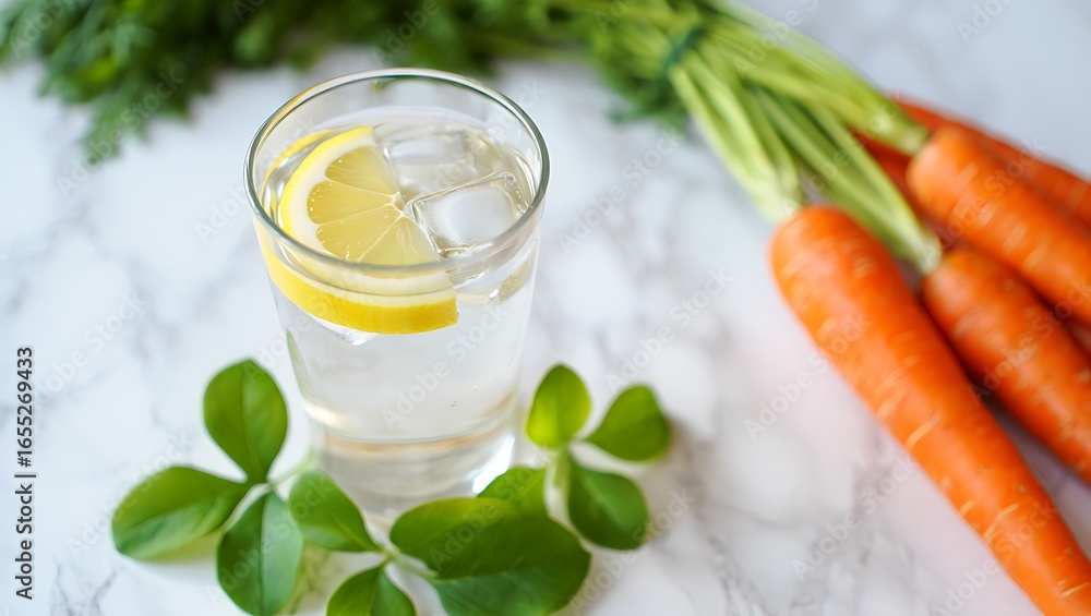 Fototapeta premium Refreshing Drink With Lemon And Carrots And Fresh Greens