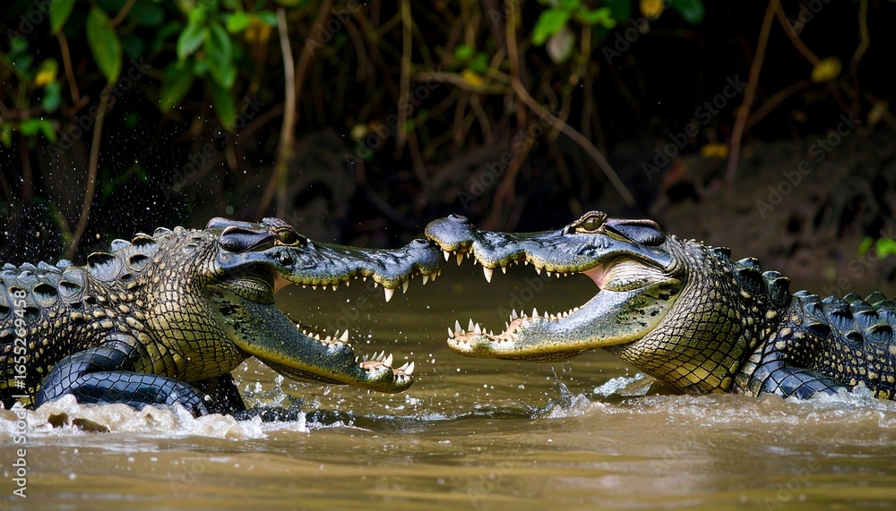 Obraz premium Two crocodiles clashing jaws in murky water, surrounded by lush vegetation