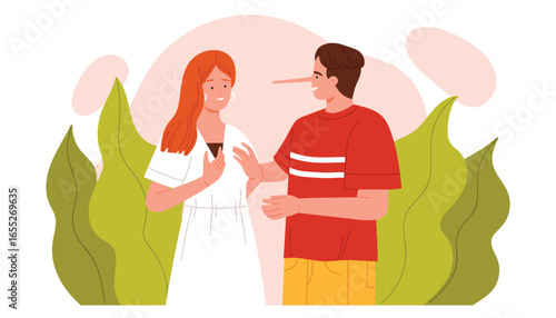 Lies in relationships and communication, hypocrisy of person. Man liar with funny long nose of Pinocchio talking to young woman to deceive and pretend to be honest friend cartoon vector illustration