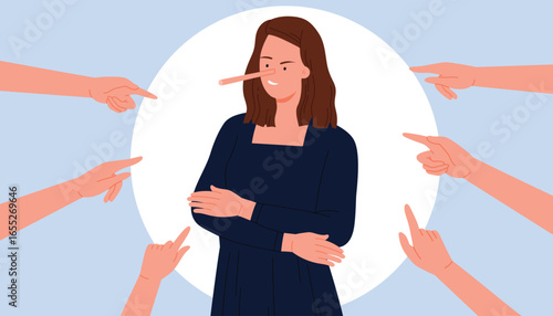 Public judgment, shame of hypocritical behavior, lying and deception, dishonesty of person. Hands of people pointing fingers at liar woman with funny big nose of Pinocchio cartoon vector illustration