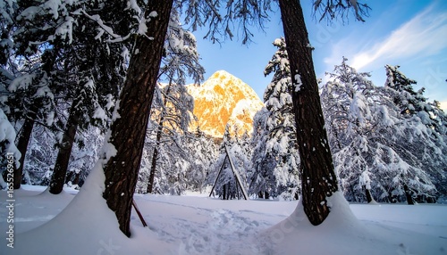 A winter wonderland unfolds, showcasing snow-laden trees framing a mountain peak bathed in golden sunlight.