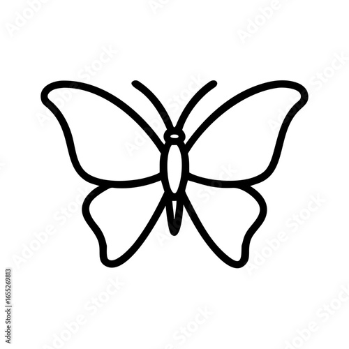 Simple line art of a butterfly with symmetrical wings and antennae in black and white design style