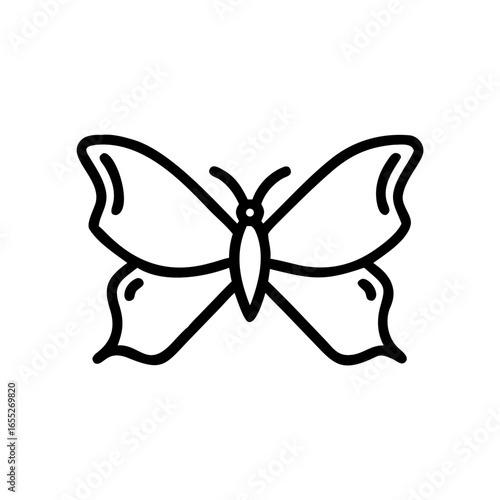 Simple graphic depiction of a butterfly with outlined wings and antennae facing the viewer directly