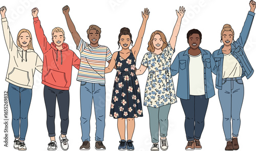 Illustration of seven diverse individuals with raised arms—wearing casual and floral outfits, symbolizing unity, celebration, and inclusivity for social and lifestyle design