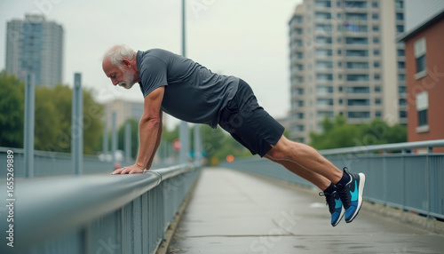 Elderly man exercising outdoors on a rainy day, displaying strength and determination while performing push-ups on a railing in an urban setting.
