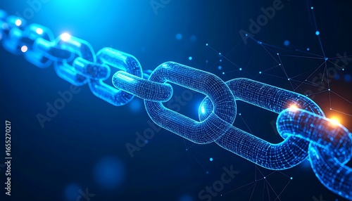 A digital chain links together, showcasing a complex network structure with glowing points of connection.