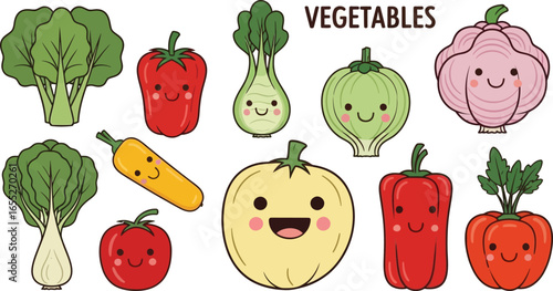 Cartoon vegetable set with smiling faces—includes leafy greens, bell peppers, bok choy, squash, tomato, cabbage, and green onion for kids’ design and healthy lifestyle branding