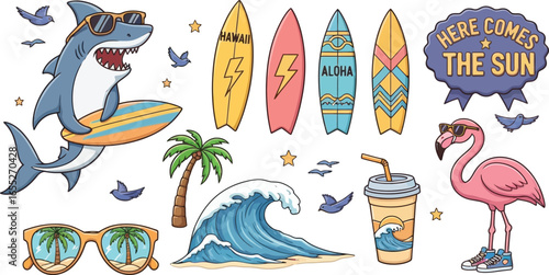 Cartoon beach icon set with shark, flamingo, surfboards, palm tree, wave, sunglasses, and “Here Comes the Sun” text—playful summer design for merch and UI kits